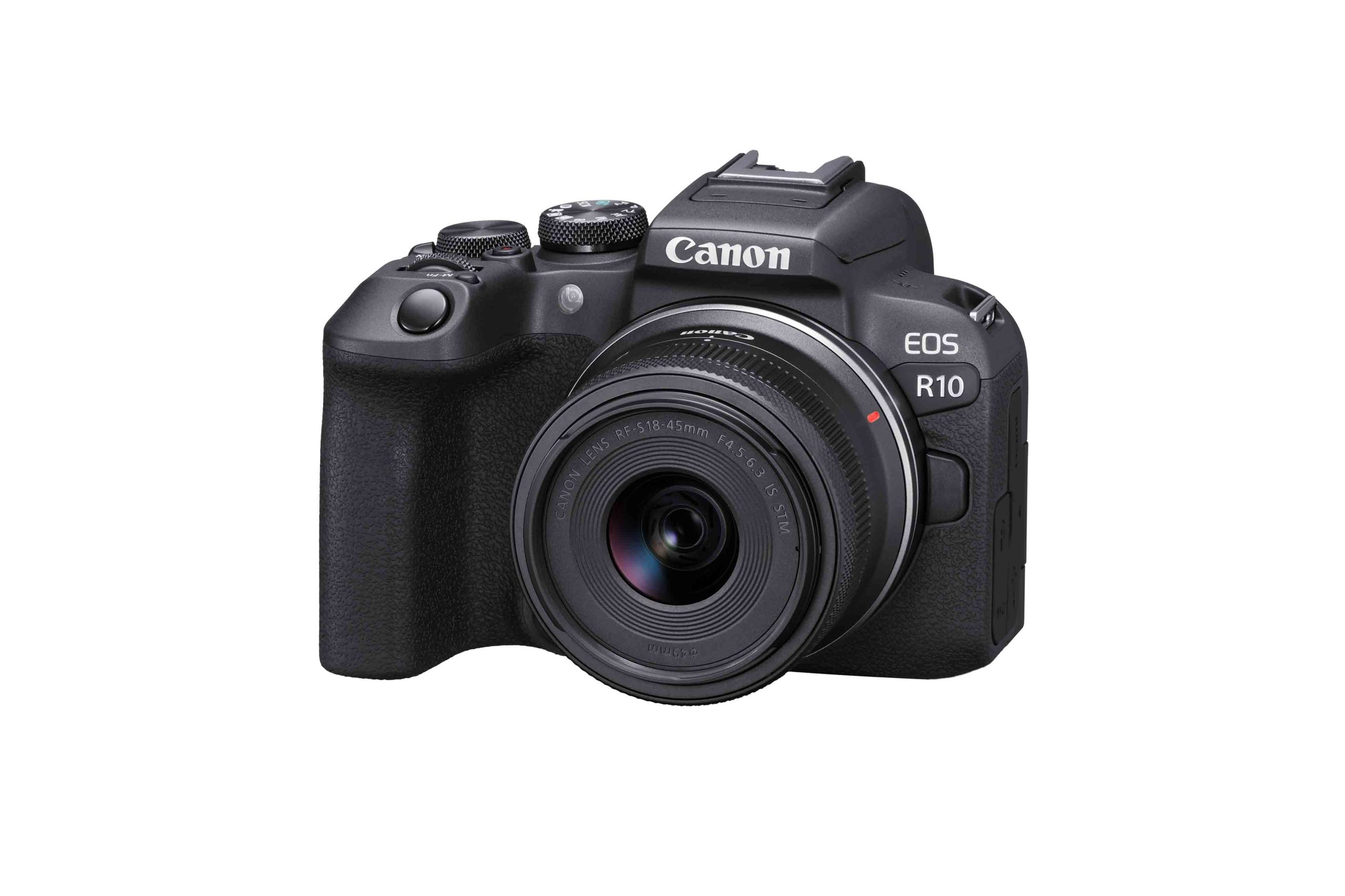 slanted front view of the Canon EOS R10