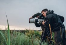 Filmmakers using Sony Burano in a grassy field