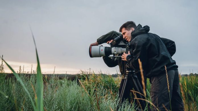 Filmmakers using Sony Burano in a grassy field