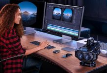 Woman using Blackmagic Design DaVinci Resolve 20.1 to edit Apple Immersive Video from USRA Immersive cinema camera