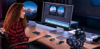 Woman using Blackmagic Design DaVinci Resolve 20.1 to edit Apple Immersive Video from USRA Immersive cinema camera