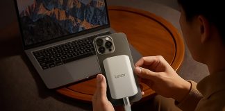 Lexar ES5 magnetic portable SSD attached to a smartphone
