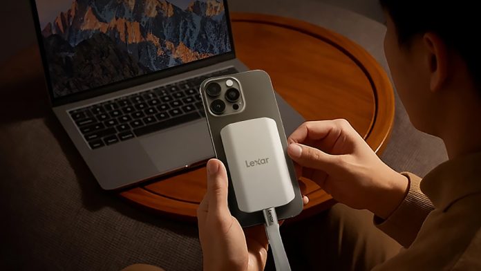Lexar ES5 magnetic portable SSD attached to a smartphone