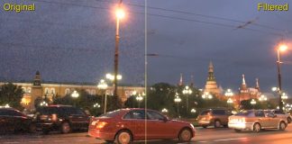 Neat Video split screen image showing noise reduction effect