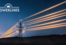 PowerLines logo and electricity pylons at night