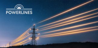 PowerLines logo and electricity pylons at night