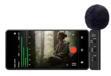 Sony ECM-AX10 spatial audio microphone attached to smartphone