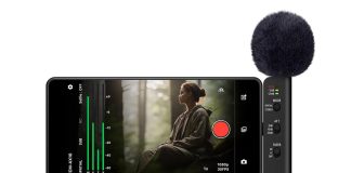 Sony ECM-AX10 spatial audio microphone attached to smartphone