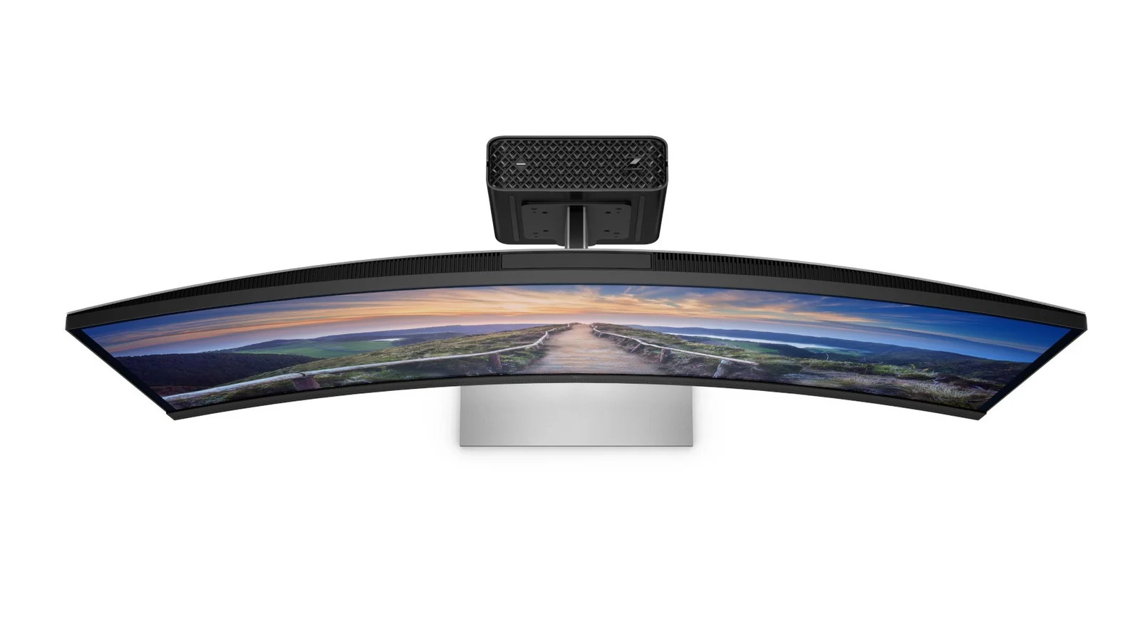 Top down shot of the HP Z2 Mini G9 on the back of a monitor.