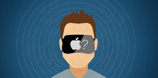 Illustration of man wearing a VR headset with the Apple logo and a question mark on it